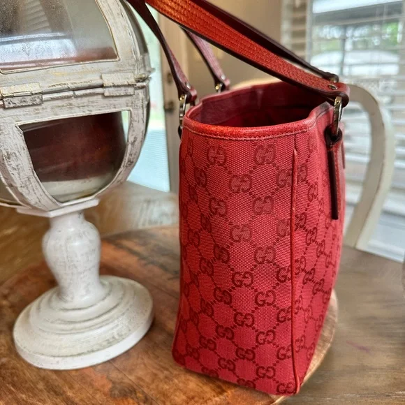 Gucci Red GG Canvas Tote with Leather Handles - Picture 2 of 14